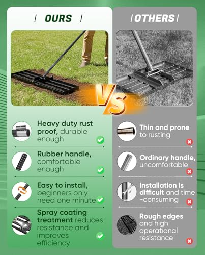 Saker Lawn Leveling Rake 25x10 Inch, 73-Inch Heavy Duty Lawn Leveler Tool with Stainless Steel Handle for Lawns, Backyard, Garden, Golf Course, Farm - Black
