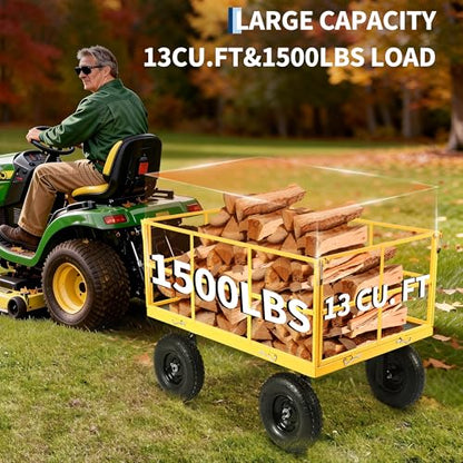 1500 Lbs Heavy Duty Garden Utility Wagon Cart, 3-in-1 Steel Yard Trailer with Removable Mesh Sides, 13" All-Terrain Tires, 180° Swivel Handle for Garden, Farm & Lawn - color: Yellow