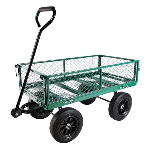 Metal Utility Wagon with 10" Solid Large Wheels 500 Lbs Capacity Heavy Duty Wheel Barrow Mesh Steel Garden Wagon Cart Dump Cart Pullable with 180° Rotating Handle Removable Sides (Green) - color: Green