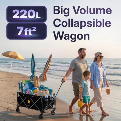 39" L Collapsible Wagon with All-Terrain Wheels, 460 lbs Foldable Cart with Detachable Flashlight, Pockets & Flexible Steering Handle, Black Utility Heavy Duty Folding Beach Wagons Carts - color: Black