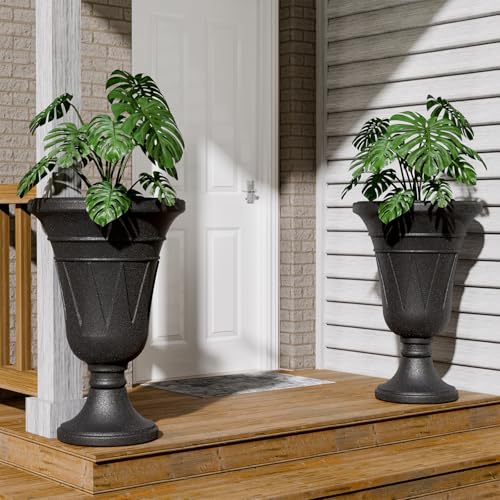 Tall Plastic Urn Planters and Pedestal - 24" Outdoor Planter Black - color: Black-trophy