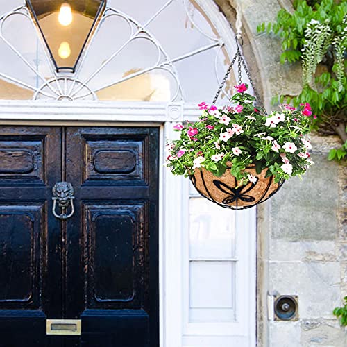 Metal Hanging Planter Flower Basket with Coco Liner for Plants Outdoor Garden Decoration Porch Decor Watering Pot Indoor - Butterfly Pattern, 12 Inch, 2 Pack