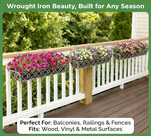 Y&M 4Pack 30'' Metal Railing Planter Box Set with Black Non-Woven Fabric Liner, Large Flower Boxes with Adjustable Brackets, Window Boxes Outdoor Hanging Planter for Fence, Deck, Balcony, and Garden - size: Flower 30in 4P-Gray