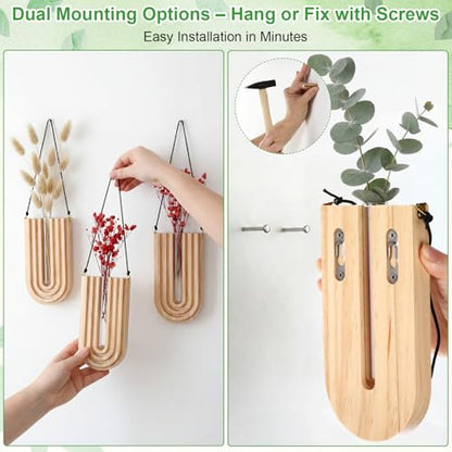 Set of 4 Wooden Wall Planter Vase Hanging Propagation Stations Glass Plant and Flower Vases Wall Plant Holder for Indoor Plants Art Boho Home Room Entryway Hallway Decoration