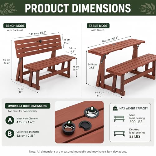 2-IN-1 Convert A Bench Picnic Table Wood Bench to Table With Umbrella Hole - size: 55inch