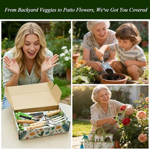 VerdantVibes 10-Piece Garden Tool Set - Heavy Duty Stainless Steel Gardening Kit with Wood Handle, Pruners & Vegetable Print Tote Bag - Unique Gardening Gifts for Women Mom Grandma - color: Green