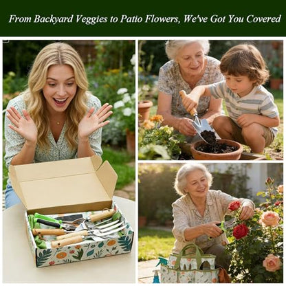 VerdantVibes 10-Piece Garden Tool Set - Heavy Duty Stainless Steel Gardening Kit with Wood Handle, Pruners & Vegetable Print Tote Bag - Unique Gardening Gifts for Women Mom Grandma - color: Green