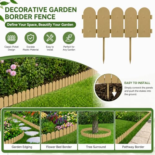 Evelyne Garden Border Plastic Edging: Wooden Fence Design - 8pcs Timber Yard Landscaping Fence Liner Lawn Edge Barrier - 10ft Kit of Decorative Lawn Panels Elements -Landscaping Edging-GMT-10374-F08 - color: Timber, size: 10ft.