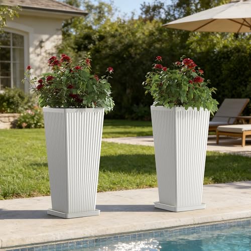Square Tall Planters for Outdoor Plants with Tray - 24" White 2Pack - color: White-f
