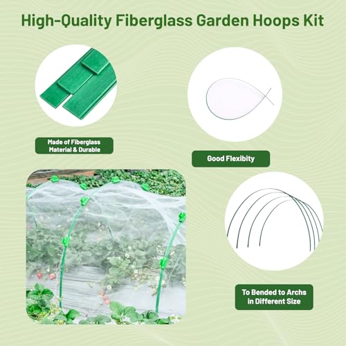 8 PCS Fiberglass Garden Hoops, 6.6 FT Bendable Hoop & 32 Clips for Vegetable Plants Fruits Flowers Crop Greenhouse Row Cover Birds Animals Barrier Protection Net