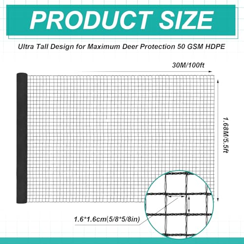 5.5ft*100ft Deer Fence Netting, Heavy Duty HDPE Mesh Animal Barrier, Black - size: 5.5ft*100ft