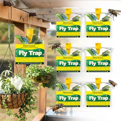 Fly Traps Outdoor with Food Bait, Disposable Flies Bags Outside, Hanging Flying Insect Control, Pest Killer Repellent, Bug Catchers Backyard, Patio, Ranch, Trash Can, 6 Pack