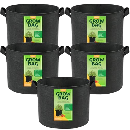 LotFancy 5-Pack 10 Gallon Grow Bags, 300G Thickened Nonwoven Aeration Fabric Pots with Reinforced Handles, Heavy Duty Gardening Planter Containers for Vegetables Flowers Fruits, Black - size: 10 Gallon（Pack of 5）