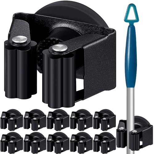 Vercraft 10 Pcs Magnetic Broom Holder Wall Mounted Anti Slip Rack,Black - color: Black