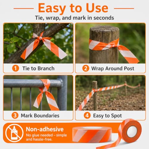 Notoke 2 Rolls Flagging Tape with Orange Silver Stripes, 1 inch x 300ft Non Adhesive PVC Marking Ribbon Surveyors Tape for Hunting Trail Boundaries Hazardous Areas Marking Halloween Party Decors