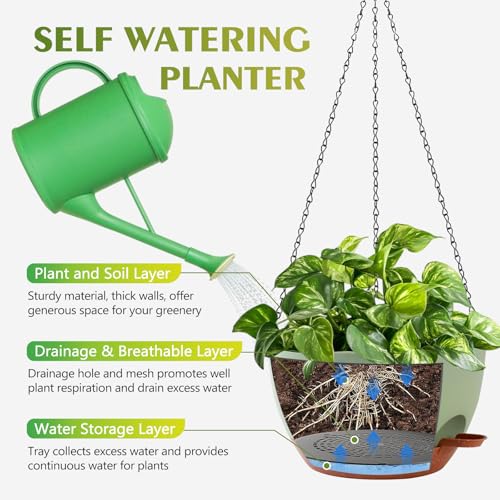 GARDIFE Hanging Planters, Self Watering, Green 10 Inch 2 Pack with Drainage - color: Green, size: 10 inch