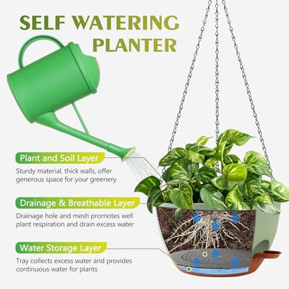 GARDIFE Hanging Planters, Self Watering, Green 10 Inch 2 Pack with Drainage - color: Green, size: 10 inch