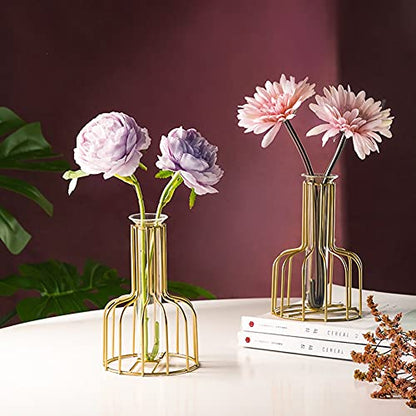 2 Pack IvyMei Luxurious Nordic Gold Table Vase Metal Frame Glass Tube - color: Gold 8