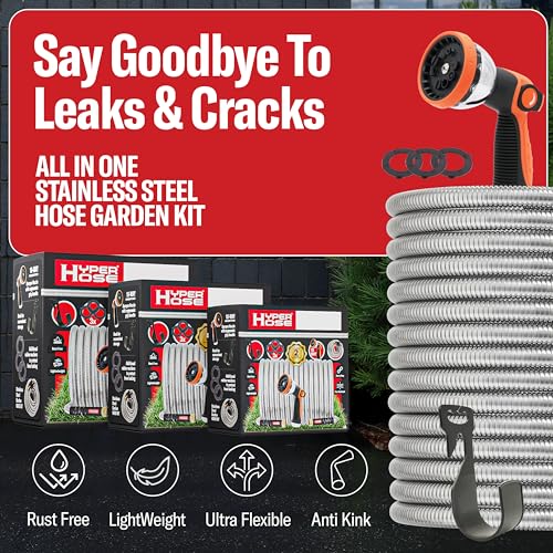 Best 50 ft Metal Garden Hose Set - No-Kink Durable 316 Stainless Steel, 10-Way Zync Spray Nozzle & Hook – Tough Flexible Heavy Duty Water Hoses, 5/8 in, Rust, Weather, LeakProof - size: 50 FT SET