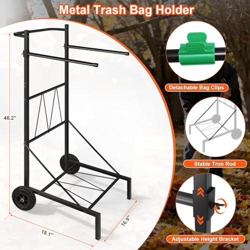 Metal Leaf Bag Holder, 35-55 Gallon Adjustable Mobile Trash Bag Holder,Upgraded Garbage Bag Trolley with wheels,Trash Bag Holder Stand Suitable for Yard and Lawn Cleaning, Camping, and Gathering