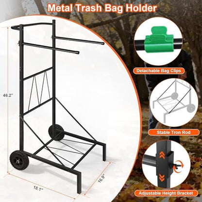 Metal Leaf Bag Holder, 35-55 Gallon Adjustable Mobile Trash Bag Holder,Upgraded Garbage Bag Trolley with wheels,Trash Bag Holder Stand Suitable for Yard and Lawn Cleaning, Camping, and Gathering