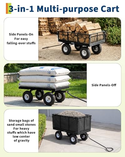 Heavy Duty Steel Garden Cart 800 lbs, Outdoor Utility Wagon with Removable Mesh Sides, 10" All-Terrain Pneumatic Tires and Rotating Handle, Waterproof Bag Included, Gardening Landscaping Lawn Cart