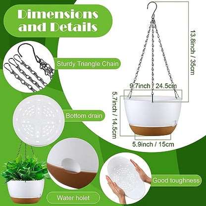 Remerry 6 Pcs 10 Inch Hanging Planter Hanging Plant Pot Plastic Round Hang Baskets for Plants Indoor Flower Pot with Drainage Holes Removable Trays for Garden Home Patio(White)