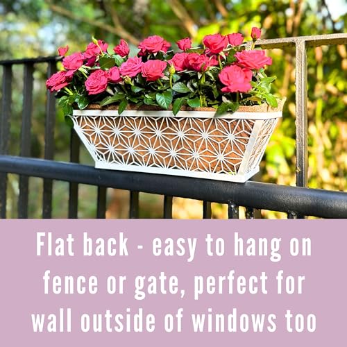 LaLaGreen Window Boxes Planter (2 Pack, 16 Inch) White Metal Rectangular Wall Planters with Coco Liner, Horse Trough Deck Railing for Outdoor Plants Holder, Modern Rail, Balcony, Fence, Porch Patio - size: 16" (41cm) x 2 pack
