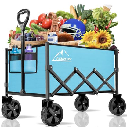 AMNOW 100L Collapsible Wagon Cart with All Terrain Wheels, 350LBS, Blue - color: Light Blue