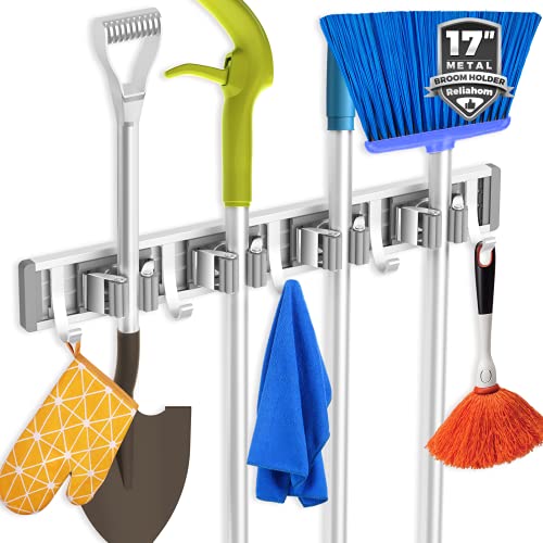 reliahom Broom Holder Wall Mount Mop Hanger Tools organizer 4Racks 5Hooks - color: Silver