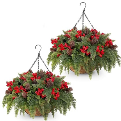 2 Set Christmas Hanging Baskets, Winter Hanging Baskets for Outdoors - color: Cedar