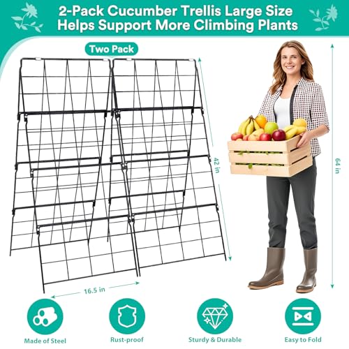 2Packs 17 x 42 Inch Garden Trellis for Raised Beds Foldable Climbing Plant Support Cucumber Trellis Outdoor A-Frame Metal Vegetable Bean Trellis with Garden Supplies for Grape Tomato Peas Flower - size: 2packs 17 x 42 Inch