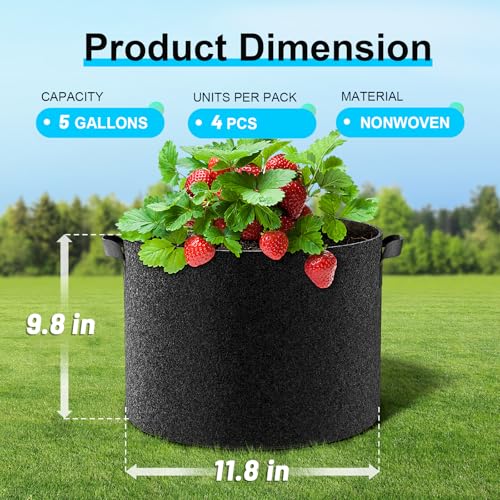 Land Guard 4-Pack Fabric Grow Bags 5 Gallon, Thickened Nonwoven Garden Pots, Growing Bags with Handles, Black - size: 5 Gallon