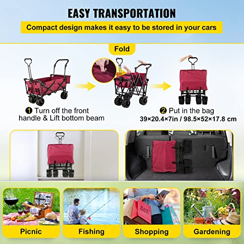 Happbuy Collapsible Wagon with Removable Canopy, 220lbs Heavy Duty Foldable Beach Wagon with Big Wheels - color: Red