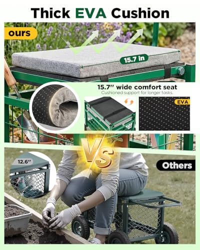 Saker Rolling Garden Cart with Seat & Wheels 15.7" EVA Padded Stool 500lb - size: Luxury Version