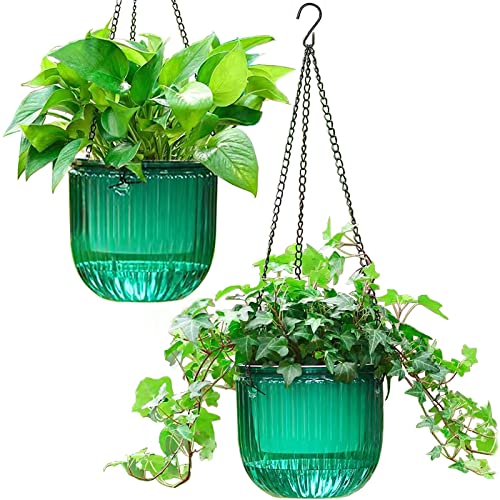 Melphoe 2 Pack Self Watering Hanging Planters Indoor Flower Pots, 6.5 Inch Outdoor Hanging Basket, Plant Hanger with 3Hooks Drainage Holes for Garden Home (Emerald) - color: Emerald, size: 6.5''+6.5''