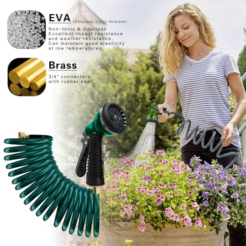 Coil Hose 15FT EVA Coil Garden Hose With 3/4'' Brass Connector - color: Green, size: 15ft