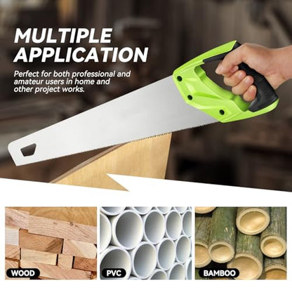 Auto Dynasty 17" Wood Handsaw Hand Cuts Hardpoint Hand Saw Fine-Cut with Non-Slip Comfort Grip for Sawing, Trimming, Gardening, Cutting Wood, Drywall, Plastic Pipes, Sharp Blade, Green - style: 17" Hand Saw