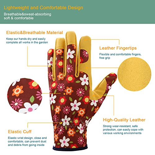 Bamllum Gardening Gloves for Women, Leather Garden Gloves - color: Brown+yellow