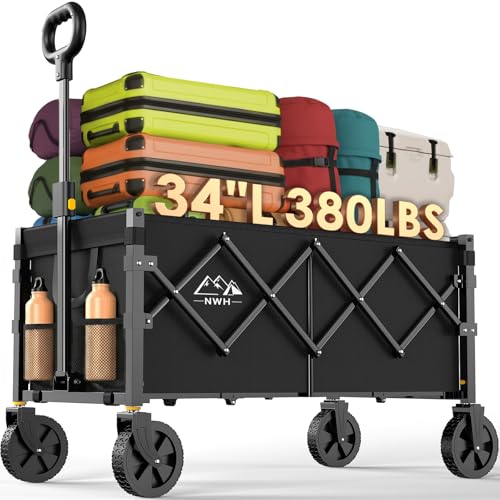 NWH 34'' Extra Long Collapsible Wagon, 380lbs Large Capacity Folding Wagons Carts with Wheels Foldable, Heavy Duty Utility Cart with All-Terrain Wheels for Beach Outdoor Grocery Camping Garden - size: 150L