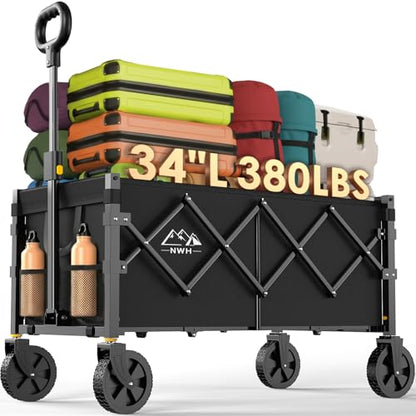 NWH 34'' Extra Long Collapsible Wagon, 380lbs Large Capacity Folding Wagons Carts with Wheels Foldable, Heavy Duty Utility Cart with All-Terrain Wheels for Beach Outdoor Grocery Camping Garden - size: 150L