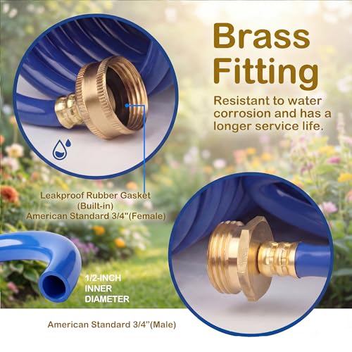 10FT EVA Coiled Water Hose, 1/2 in Blue Hose, Brass Connectors - size: 10FT