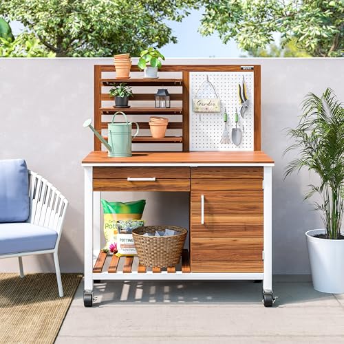 Seville Classics Home 48" Outdoor Garden Potting Bench Table – Heavy Duty Workstation, w/Cabinet, Drawer & Open Shelf, Acacia Wood & Steel Frame, White, 48" W x 25" D - color: White