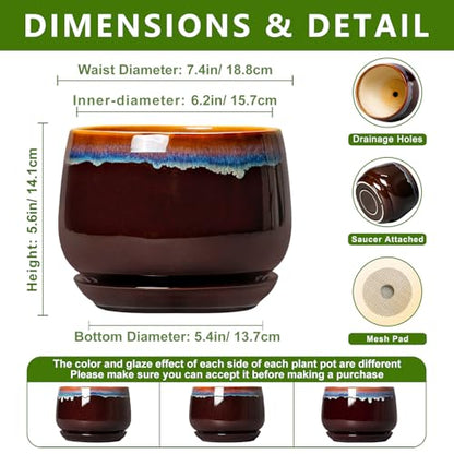 Ceramic Planter, 7 Inch Plant Pots with Drainage, Brown-Blue - size: 7 Inch, style: Brown-blue