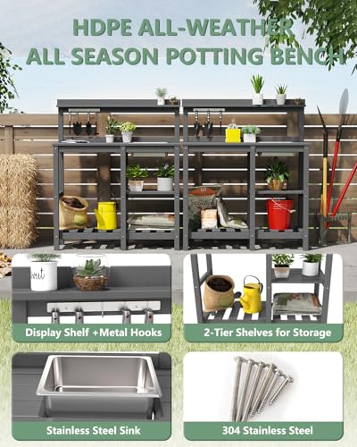 FOOWIN Potting Bench, HDPE Outdoor Potting Table with Sink, All-Weather Potting Benches for Outside, Gardening Table with Storage Shelf, Hook, for Garden, Patio, Lawns, Grey