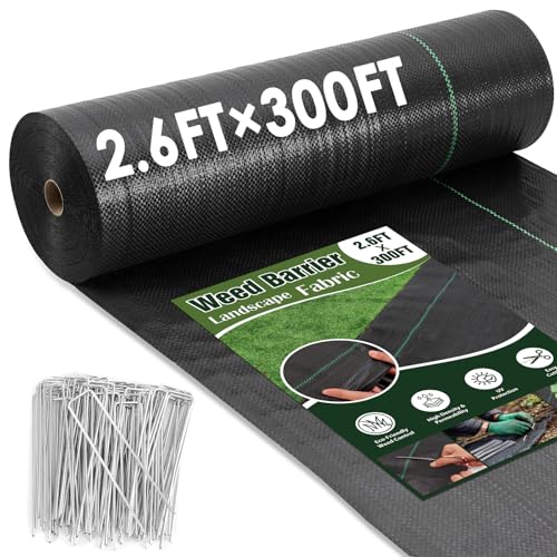 HongWay 2.6FT x 300FT Weed Barrier Fabric with 120 Staples, 3oz Heavy Duty - size: 2.6FT x 300FT