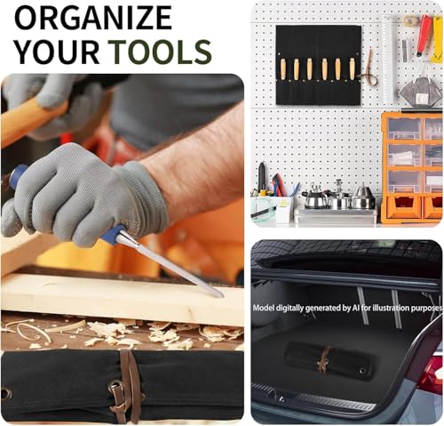 Chisel Roll, 6 Pockets Roll Up Tool Pouch, Waxed Canvas Small Tool Roll - color: Black