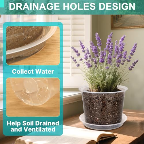 OUPSAUI 8/7/6 Inch Clear Nursery Pots with Drainage and Trays, 9 Pack Large Plastic Pots for Plant, Seedling Starter Pot, Garden Pots for Succulents Flower Vegetables Herb - size: 6/7/8 Inch