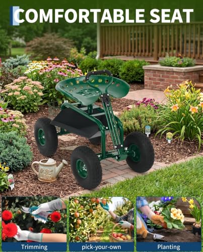 Garvee Heavy Duty Garden Work Seat, Garden Scooter Rolling Seat 360° Swivel - color: Green