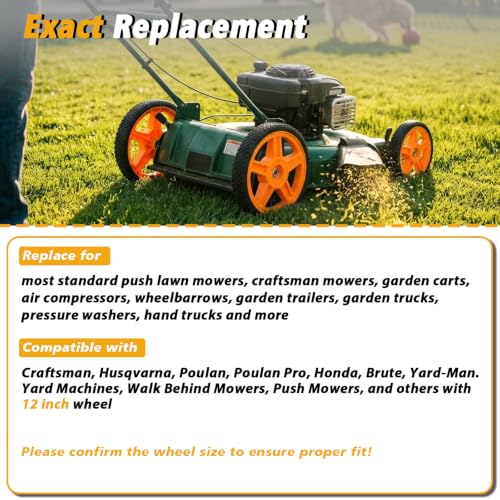Lawn Mower Wheels, 12 inch Push Mower Plastic Wheels with Bolts & Nuts Fits Most Standard Lawn Mower Cart, Garden Carts, Air Compressor and More, 2 Pack - size: 12 Inch